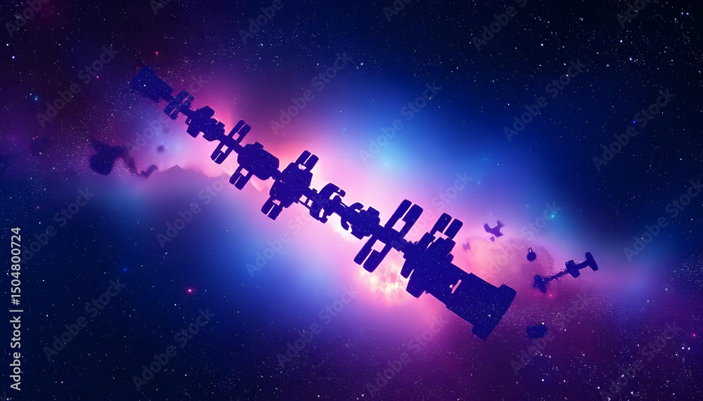 Naklejka premium Pixelated Space Station Silhouette Against Vibrant Nebula Of Blue Purple And Pink Tones