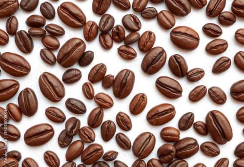 Seamless vector pattern of realistic coffee beans on white background,  surface,  cappuccino