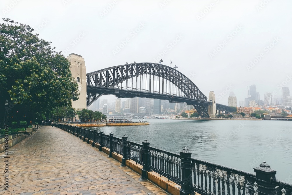 Fototapeta premium Majestic metal bridge spanning sydney river urban landscape architectural marvel foggy surroundings wide angle perspective captivating beauty