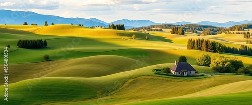 Rolling hills, farmland, distant mountains, rustic cottage, lush trees,  scenic,  view