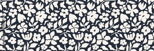 Seamless floral pattern with black silhouette flowers and leaves on a white background. Elegant botanical design for fabric, wallpaper, packaging, and modern creative projects. Vector illustration