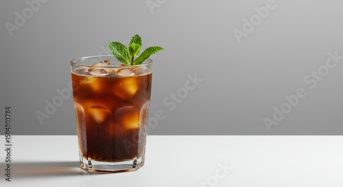 Iced coffee drink with fresh mint sprigs in clear textured glass on white table