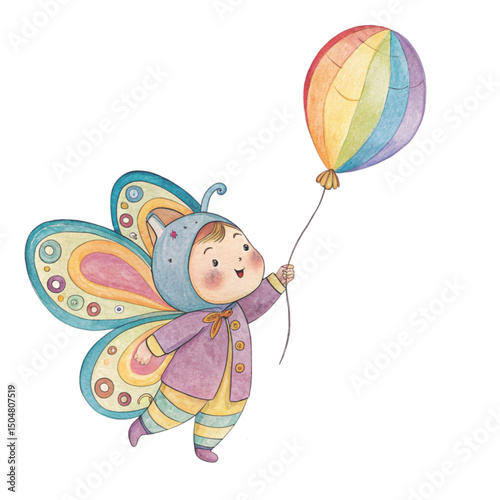 Kawaii Kids in Animal butterfly Costumes Party Theme Clipart Watercolor