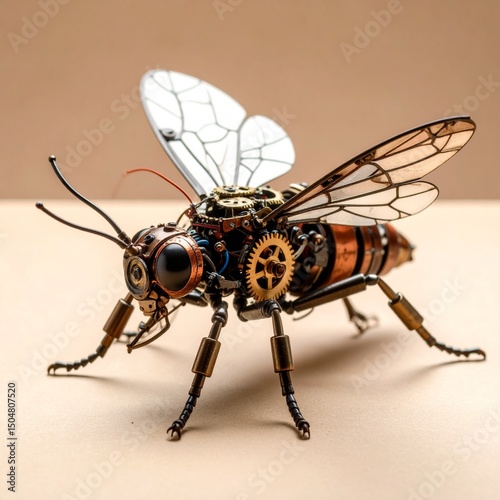 A steampunk-style insect sculpture made from salvaged clock gears, pen parts, plastic fragments, and wire tendrils. Emphasize intricate detailing and DIY sophistication. photo