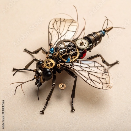 A steampunk-style insect sculpture made from salvaged clock gears, pen parts, plastic fragments, and wire tendrils. Emphasize intricate detailing and DIY sophistication. photo