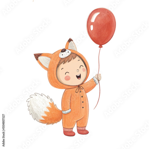 Kawaii Kids in Animal fox Costumes Party Theme Clipart Watercolor