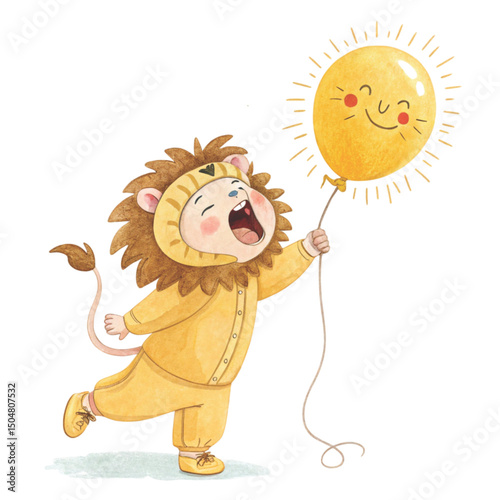Kawaii Kids in Animal lion Costumes Party Theme Clipart Watercolor
