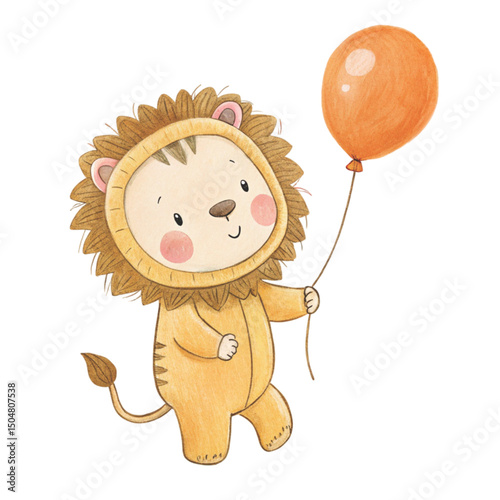 Kawaii Kids in Animal lion Costumes Party Theme Clipart Watercolor