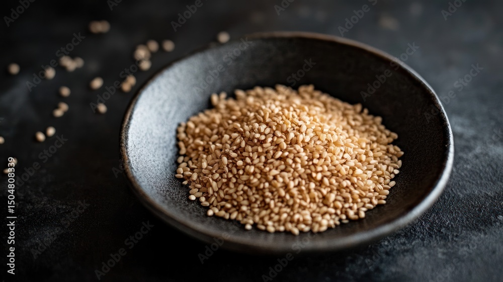 Light brown sesame seeds in a dark bowl Light brown sesame seeds in a dark bowl