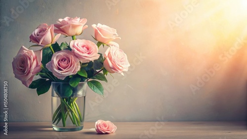 A delicate bouquet of pink roses in a clear glass vase, bathed in warm sunlight, rests on a wooden surface against a softly textured background