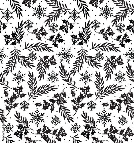 Seamless Pattern of Black and White  Christmas Foliage and Snowflakes- Christmas Black and White Vector Design