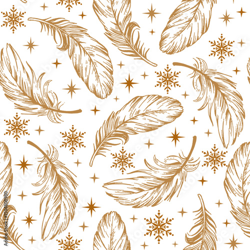 Seamless Pattern of Golden Feathers with Snowflakes- Christmas Feather Vector llustration