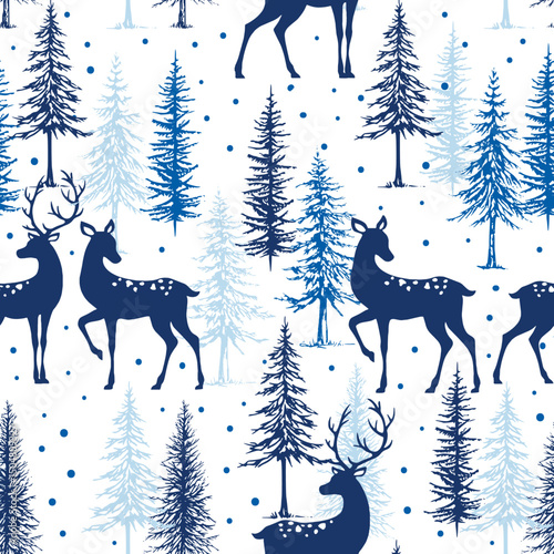 Christmas Reindeer and Pine tree Seamless Pattern with Snowy Scene, Blue Monochromatic- Christmas Reindeer and Pine tree Vector Illustration