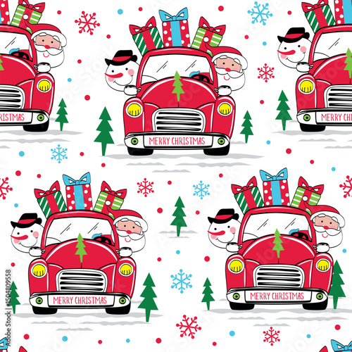 Seamless Pattern of Christmas Cute Santa Claus and Snowman on the Red Truck with Christmas Text and Gifts- Christmas Santa and Snowman Vector Illustration