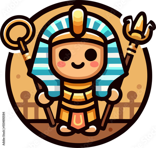 Adorable Ancient Pharaoh Cartoon with Blue Crown and Scepter – Flat Vector Egypt Character for Kids and Educational Design