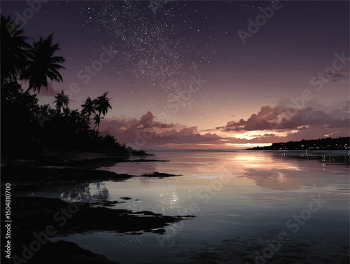 Tranquil Tropical Night Beach Landscape with Palm Trees, Starry Sky, Calm Reflective Water, and Vibrant Sunset Horizon