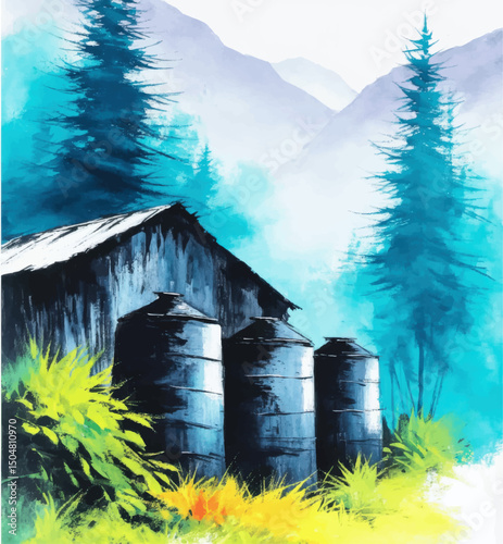 Rustic Water Tanks Beside Wooden Barn in Misty Mountain Landscape, Vibrant Watercolor Forest Scene, Nature Illustration