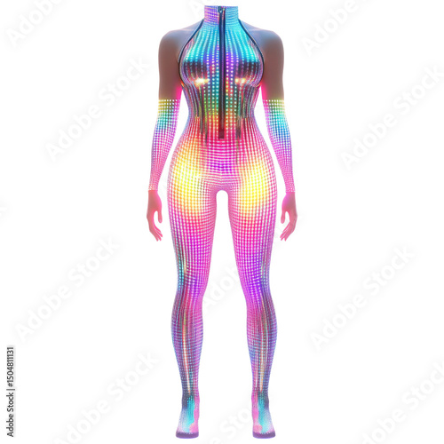 Futuristic Model in Colorful Transparent Suit with Digital Patterns