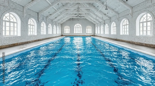 Interior of a large indoor swimming pool with white walls and arched windows.