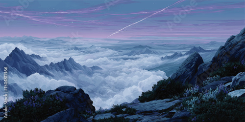 Stunning Digital Art of Mountain Landscape Above Clouds at Sunrise with Lavender Bushes and Dramatic Sky for Nature and Fantasy Themes