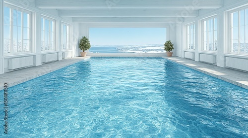Indoor swimming pool with panoramic city views.