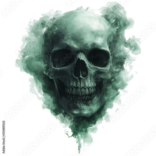Realistic Skull with Soft Green Smoke and Transparent Background