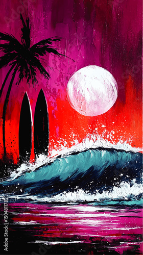 Vibrant Surreal Beach Sunset Painting with Palm Tree, Surfboards, Crashing Wave and Full Moon in Magenta and Blue