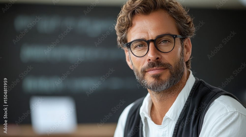 Obraz premium Confident man smiling in a classroom setting with chalkboard background