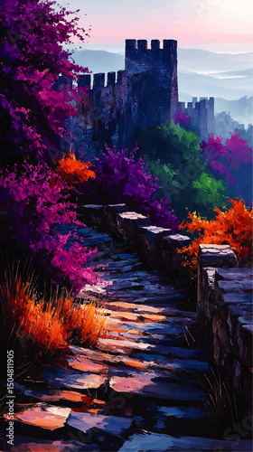 Vibrant Fantasy Castle Pathway at Sunset with Colorful Flowers, Stone Wall, and Misty Mountains – Digital Painting Art