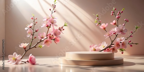 Delicate pink blossoms arranged around a minimalist display stand, bathed in soft sunlight