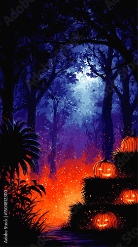 Enchanted Halloween Forest with Glowing Jack-O’-Lanterns and Mysterious Moonlight – Spooky Night Landscape Illustration