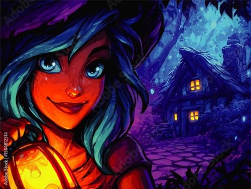 Enchanted Forest Girl with Lantern, Colorful Fantasy Cottage Night Illustration, Magical Cartoon Artwork