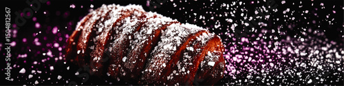 Freshly Baked Pastry with Powdered Sugar on Dark Background – Dessert Food Photography, Sweet Bakery Concept