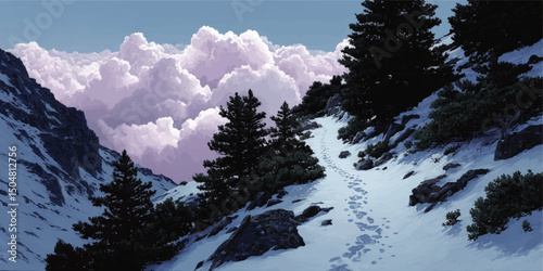 Winter Mountain Trail with Snow, Pine Trees, and Dramatic Purple Clouds - Serene Nature Landscape Illustration for Outdoor Adventure and Inspiration