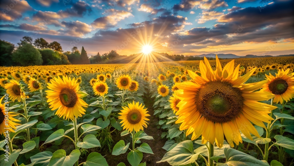 Fototapeta premium Sunflowers stretch across a field, bathed in the warmth of the sun's rays.