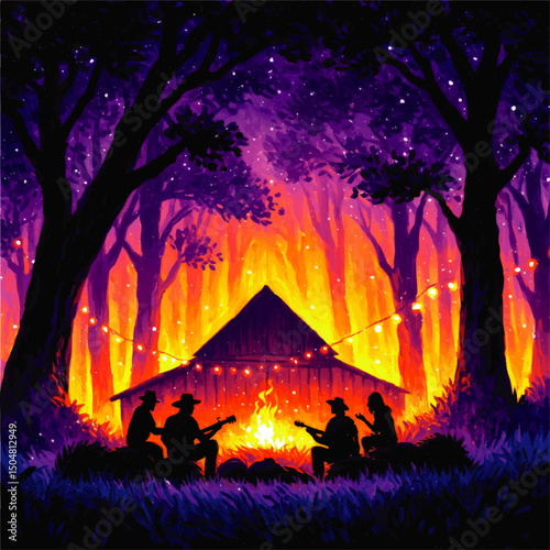 Vibrant Campfire Gathering in Forest with Silhouetted Musicians Playing Guitar Under Strings of Lights, Colorful Night Illustration