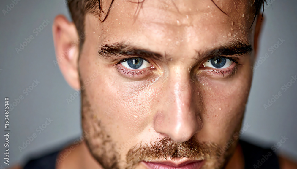Fototapeta premium Close-up portrait of a confident man with striking blue eyes and a determined expression, exuding charisma.