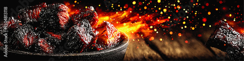 Succulent Smoky BBQ Beef Brisket Burnt Ends in Rustic Bowl with Fiery Grilled Flames and Sparks – Gourmet Food Photography