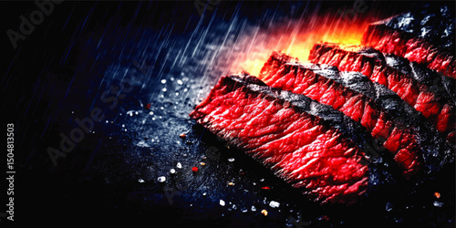 Juicy Grilled Steak Slices on Black Stone Background with Fire and Rain, Gourmet Barbecue Concept, Close-up Food Photography
