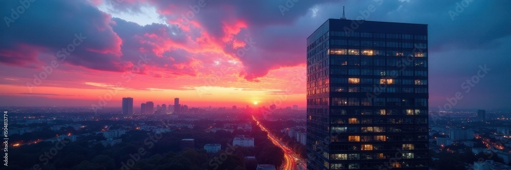 Fototapeta premium Illuminated office block, twilight sky backdrop , modern, office, facade