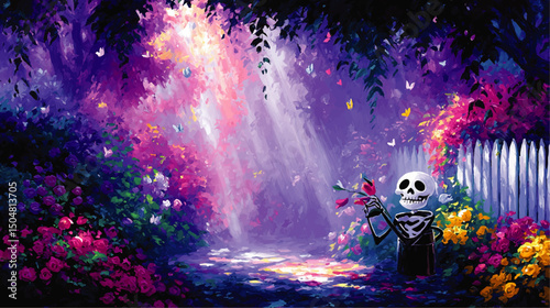 Whimsical Skeleton in Enchanted Blossom Garden with Colorful Butterflies and Sun Rays – Vibrant Fantasy Digital Art
