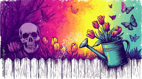 Surreal Garden Illustration with Human Skull, Vibrant Tulips, Watering Can, Butterflies, and Colorful Gradient Background