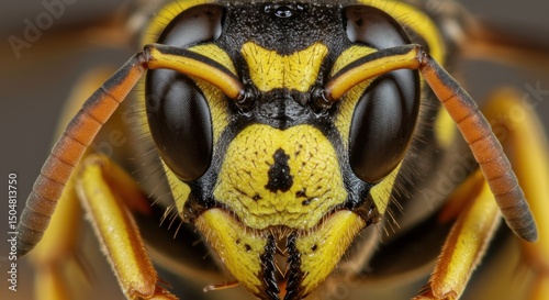 Extreme Close-up Macro Photography of a Wasp, Detailed Insect Portrait, Yellow and Black Stripes, Nature Study