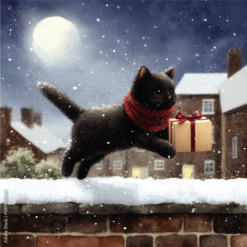 Cute Black Cat in Red Scarf Delivering Gift on Snowy Night – Adorable Winter Holiday Illustration with Moon and Snow