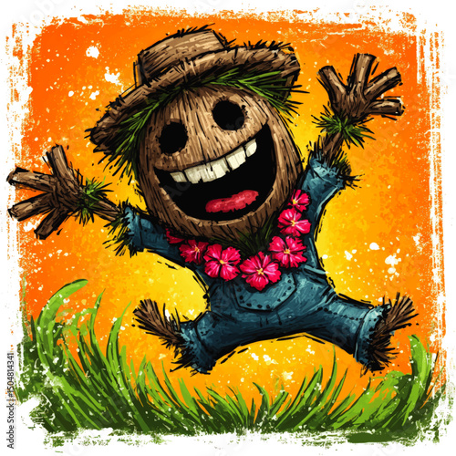 Cheerful Cartoon Scarecrow Jumping in Field, Wearing Lei and Hat, Colorful Grunge Artistic Illustration on Orange Background