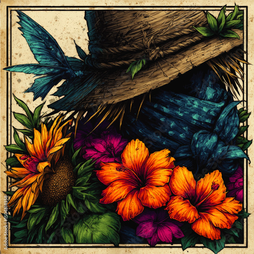 Vibrant Rustic Scarecrow with Sunflowers, Hibiscus, and Blue Butterfly in Vintage Botanical Illustration Style