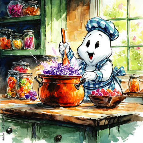 Whimsical Cartoon Ghost Chef in Cozy Kitchen Stirring Colorful Candy in Copper Pot, Watercolor Illustration