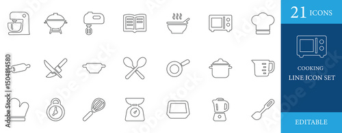 Cooking line icon set with kitchen utensils, tools, pan, timer, spoon, appliances, and cookware. Ideal for food, recipe, meal, and culinary design