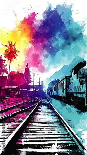 Vibrant Watercolor Train Illustration with Railway Tracks, Palm Trees, and Colorful Sky—Creative Travel and Adventure Concept Art