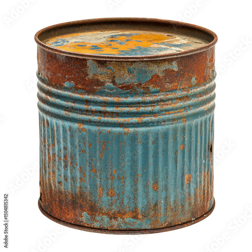 Rusty Metal Can with Blue and Orange Patina on Transparent Background